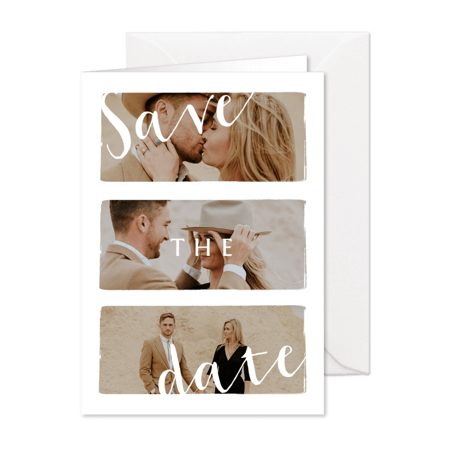 Stijlvolle trouwkaart save the date met fotocollage - Kaartimpressie