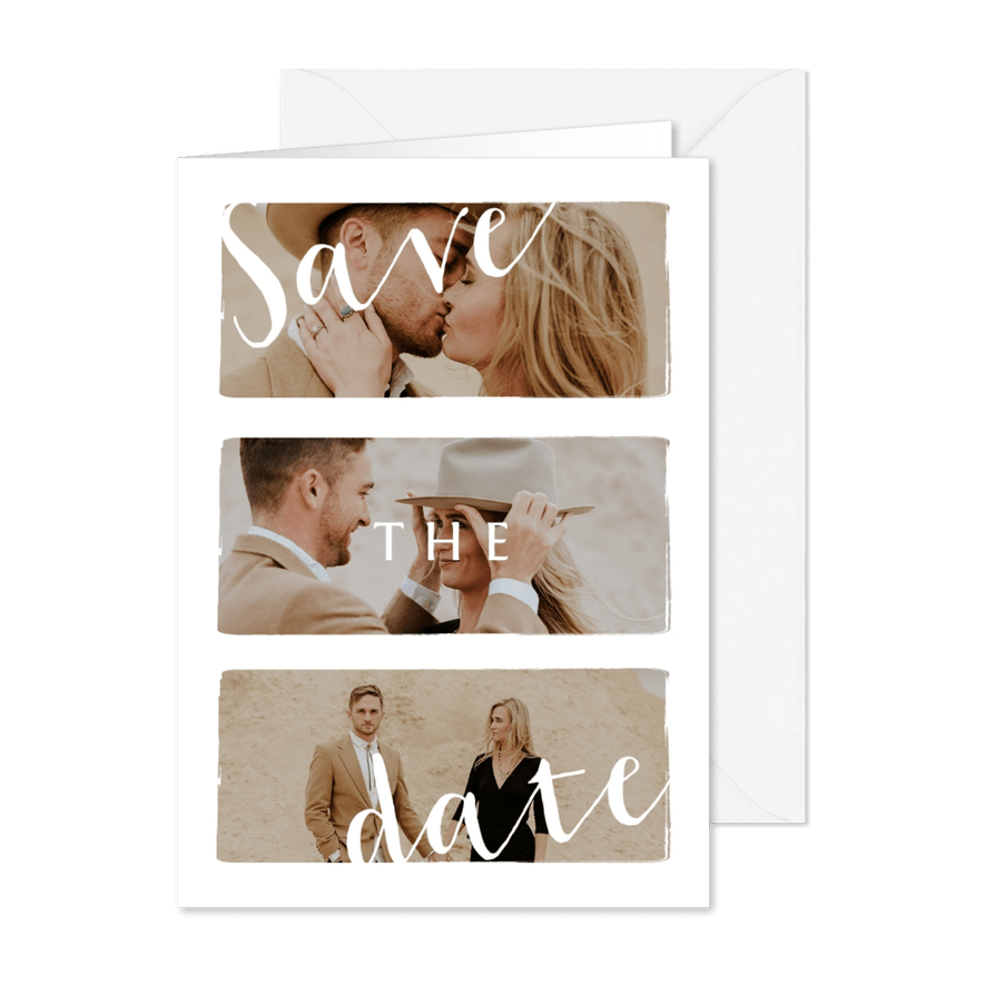 Stijlvolle trouwkaart save the date met fotocollage - Kaartimpressie
