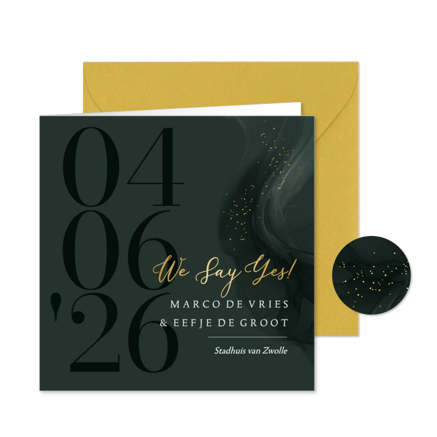 Stijlvolle trouwkaart soft watercolor groen spetters goud - Kaartimpressie