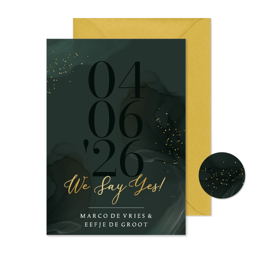 Stijlvolle trouwkaart soft watercolor 'We Say Yes' goud - Kaartimpressie