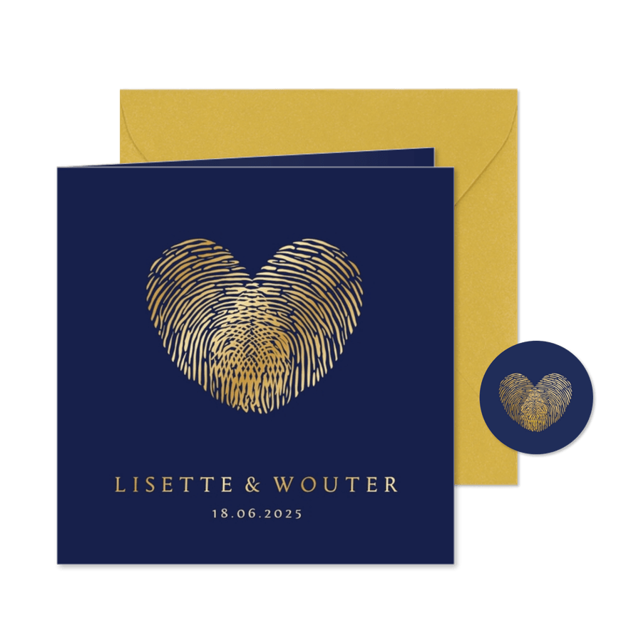 Stijlvolle trouwkaart vingerafdrukken in gouden hartje - Kaartimpressie