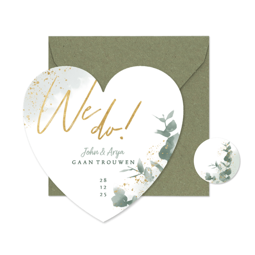 Stijlvolle trouwkaart waterverf eucalyptus & gouden spetters - Kaartimpressie