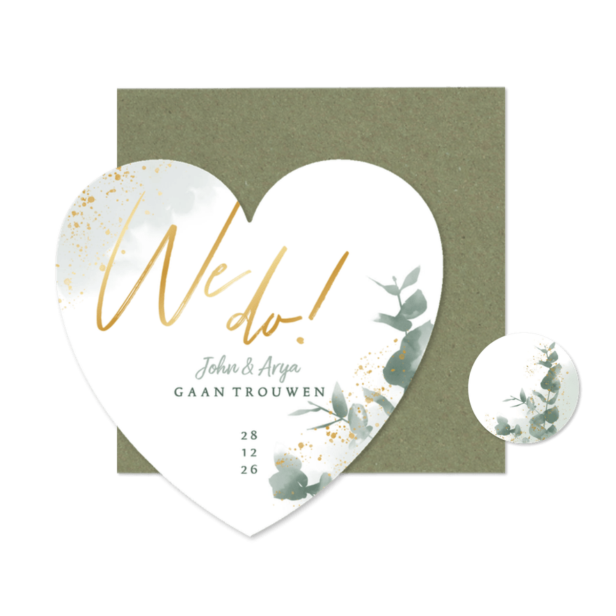 Stijlvolle trouwkaart waterverf eucalyptus & gouden spetters - Kaartimpressie