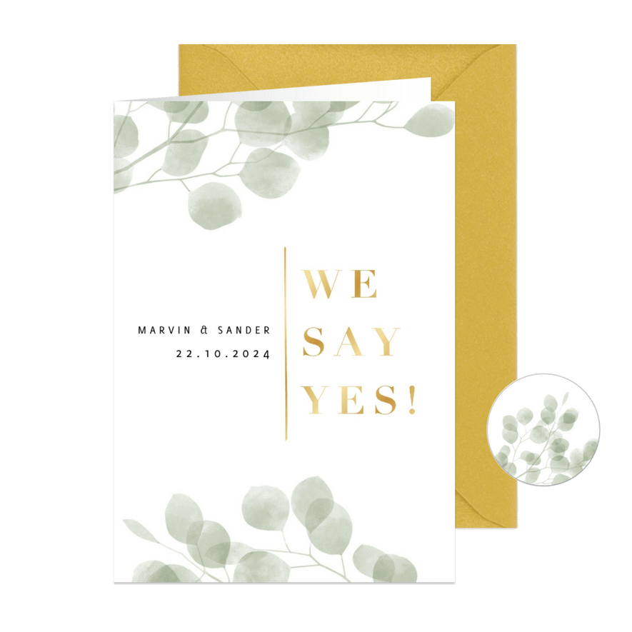 Stijlvolle trouwkaart waterverf eucalyptus gouden we say yes - Kaartimpressie