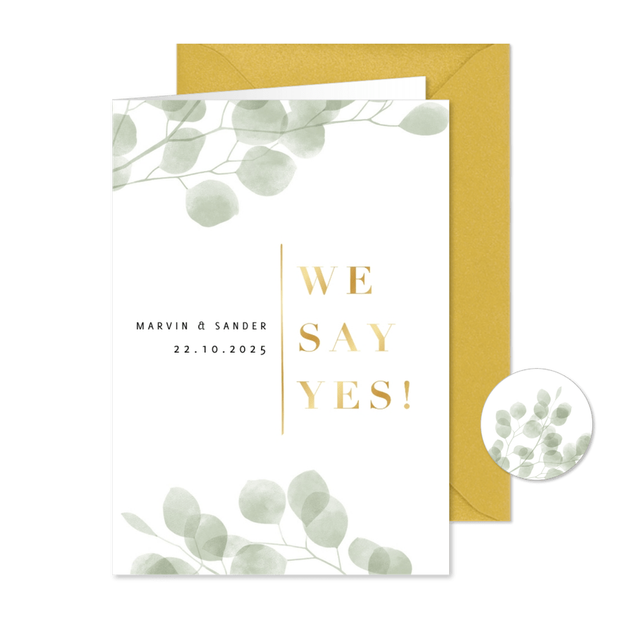 Stijlvolle trouwkaart waterverf eucalyptus gouden we say yes - Kaartimpressie