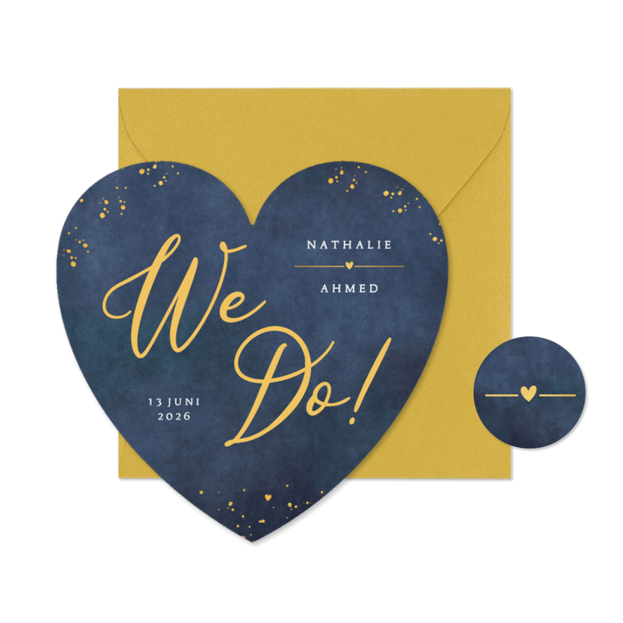 Stijlvolle trouwkaart We Do - donkerblauw in hartjesvorm - Kaartimpressie