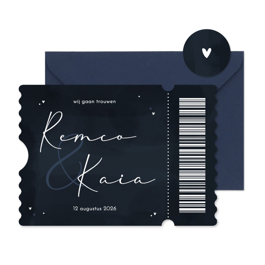 Stijlvolle trouwuitnodiging ticket donkerblauw hartjes - Kaartimpressie