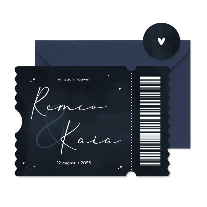 Stijlvolle trouwuitnodiging ticket donkerblauw hartjes - Kaartimpressie