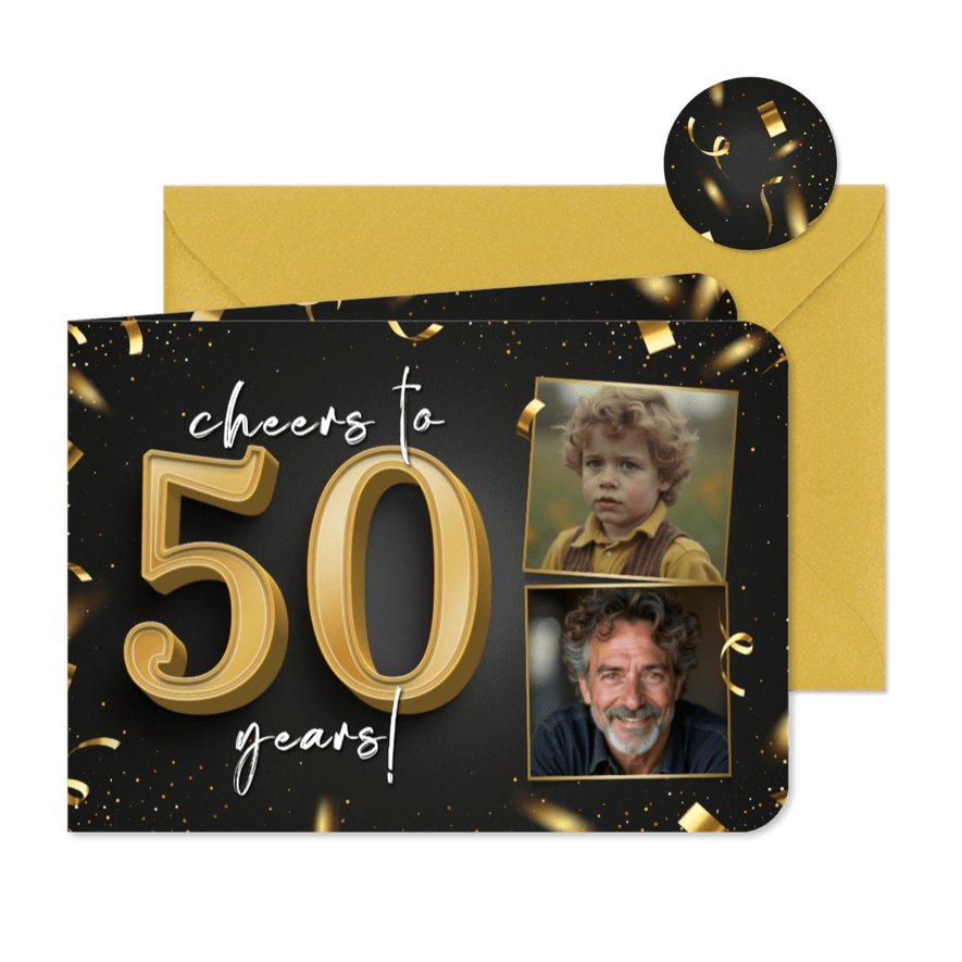 Stijlvolle uitnodiging 2 foto's goud cheers to 50 years  - Kaartimpressie