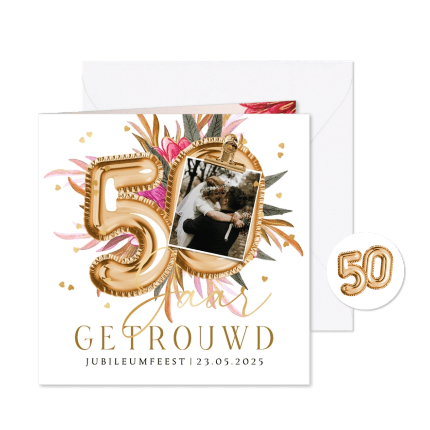 Stijlvolle uitnodiging 50 jaar getrouwd cijferballon bloemen - Kaartimpressie