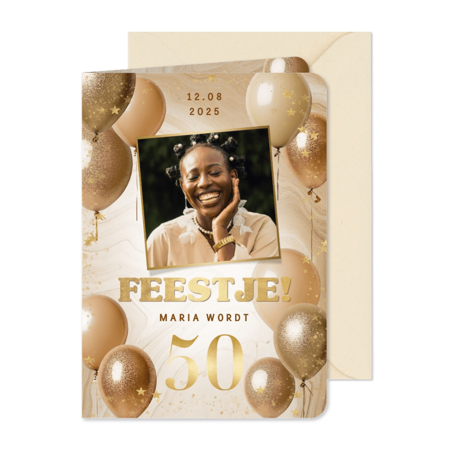 Stijlvolle uitnodiging 50 jaar verjaardag ballonnen & marmer - Kaartimpressie