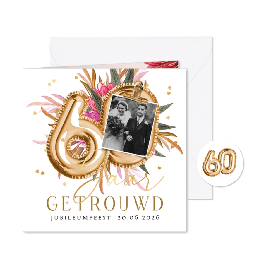 Stijlvolle uitnodiging 60 jaar getrouwd ballonnen goud foto - Kaartimpressie