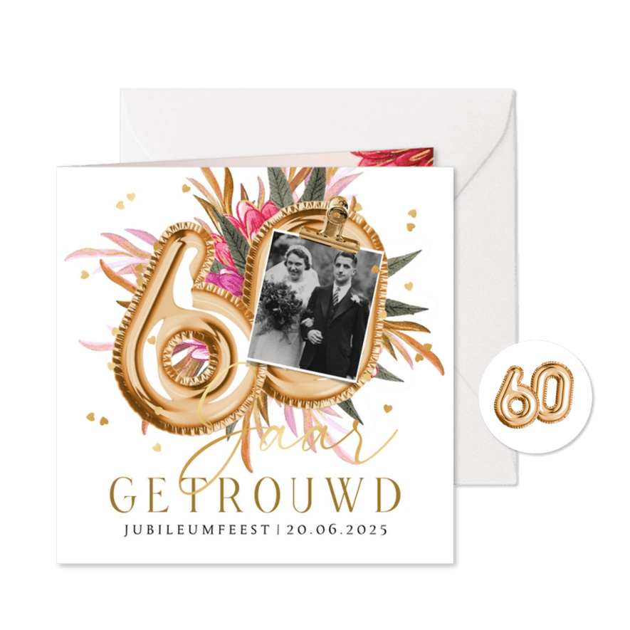 Stijlvolle uitnodiging 60 jaar getrouwd ballonnen goud foto - Kaartimpressie