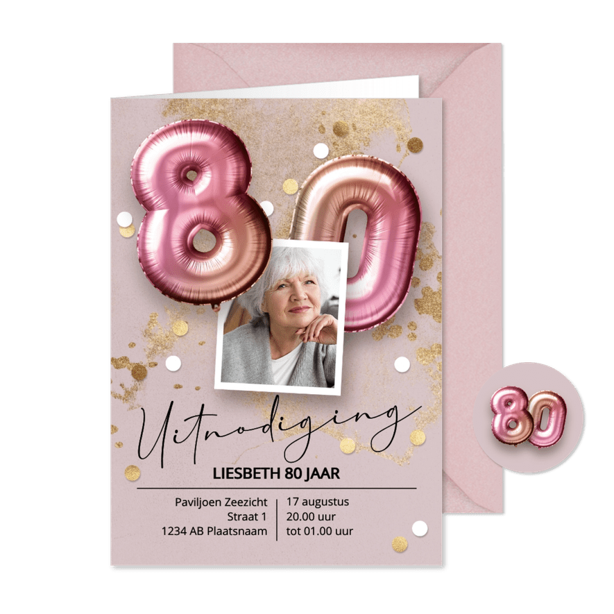 Stijlvolle uitnodiging 80 jaar vrouw ballonnen - Kaartimpressie