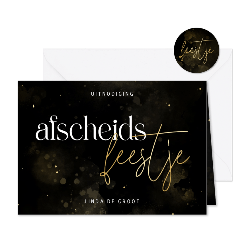 Stijlvolle uitnodiging afscheidsfeestje zwart en goudfolie - Kaartimpressie