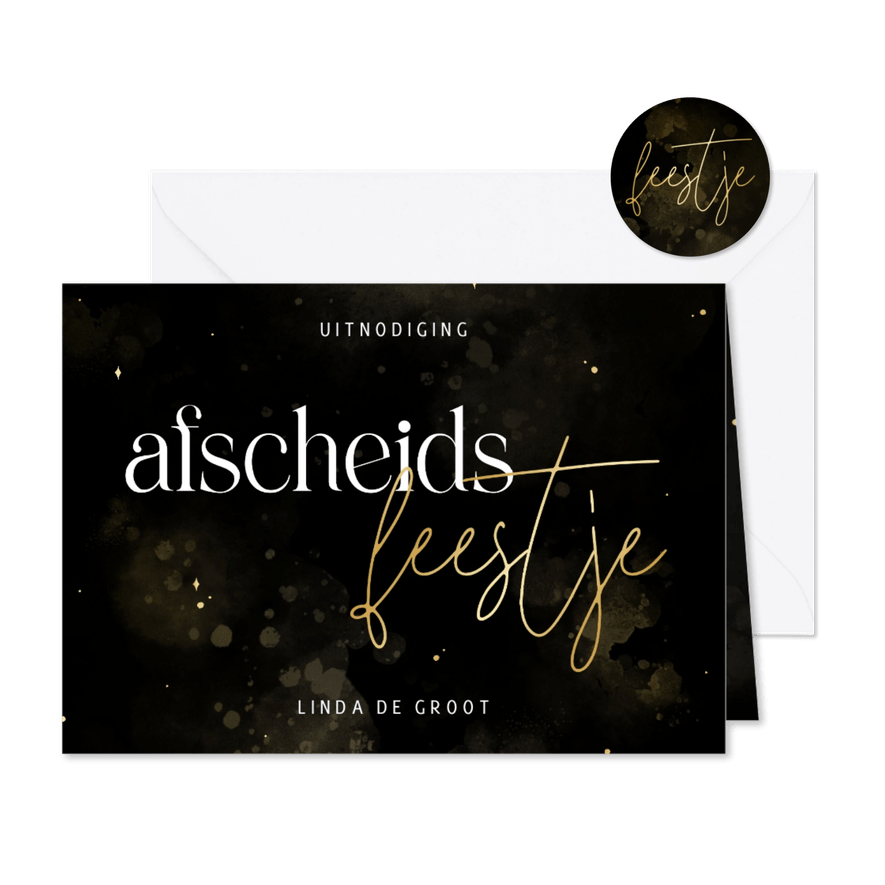 Stijlvolle uitnodiging afscheidsfeestje zwart en goudfolie - Kaartimpressie