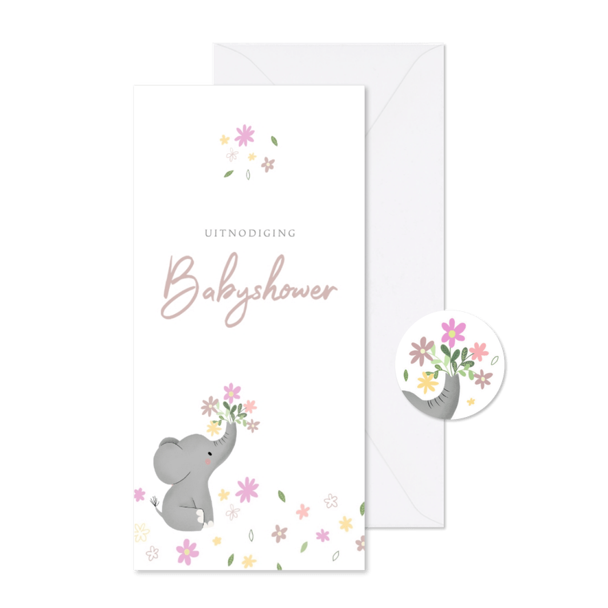 Stijlvolle uitnodiging babyshower met olifantje & bloemetjes - Kaartimpressie