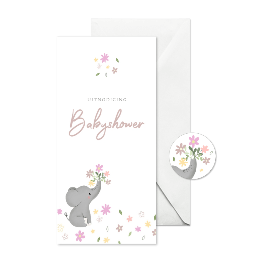 Stijlvolle uitnodiging babyshower met olifantje & bloemetjes - Kaartimpressie