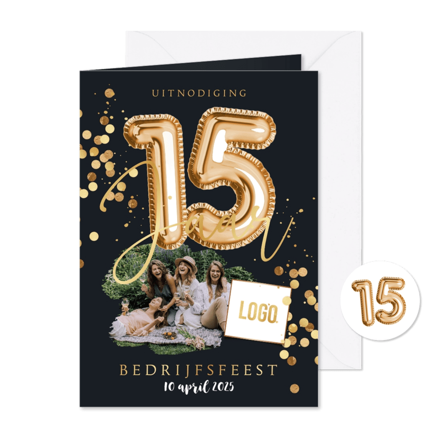 Stijlvolle uitnodiging bedrijfsfeest 15 jaar ballon goud - Kaartimpressie