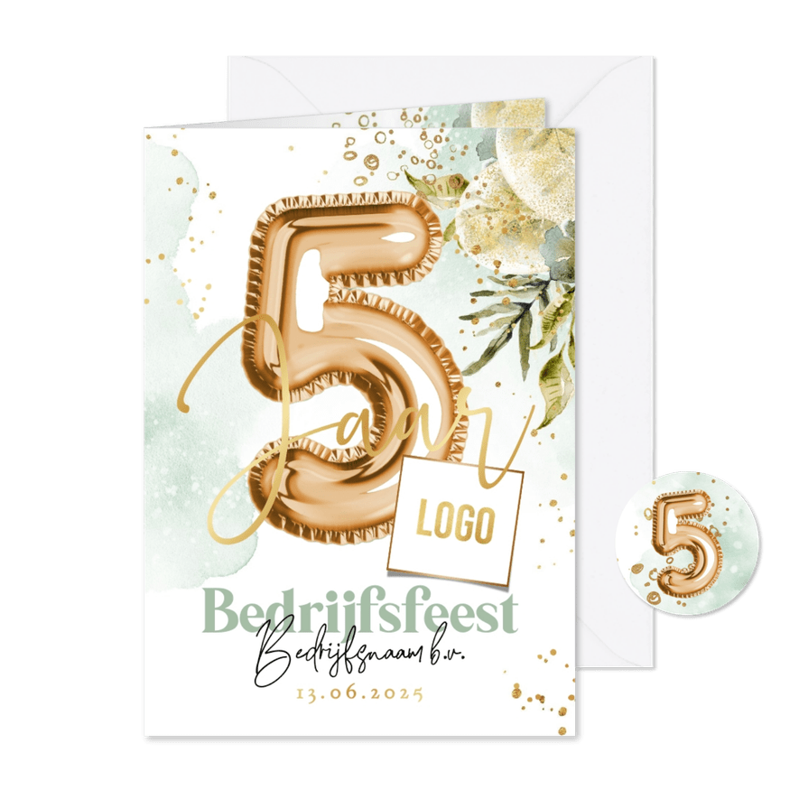 Stijlvolle uitnodiging bedrijfsfeest botanisch ballon goud - Kaartimpressie