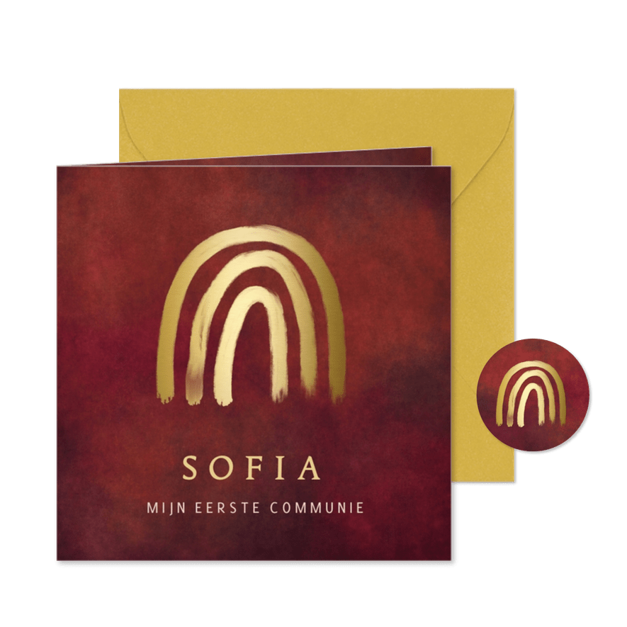 Stijlvolle uitnodiging communie met gouden regenboogje - Kaartimpressie