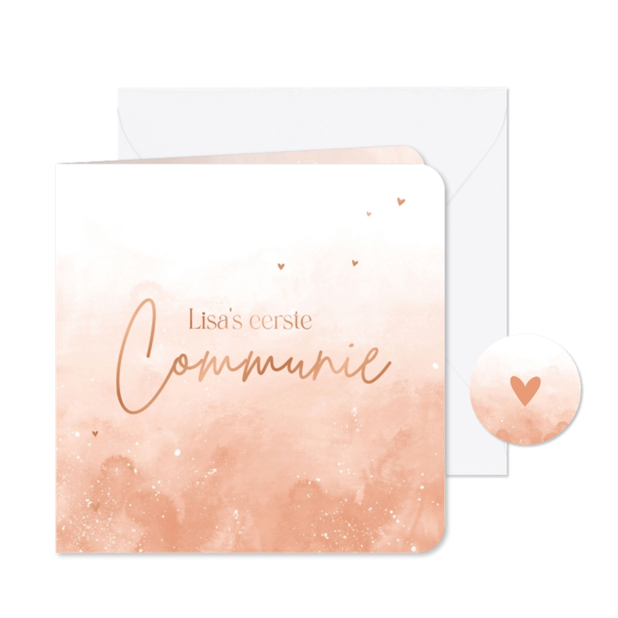Stijlvolle uitnodiging communie waterverf hartjes zalmroze - Kaartimpressie