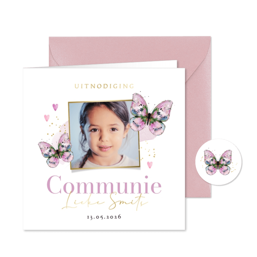 Stijlvolle uitnodiging communie waterverf vlinder goud foto - Kaartimpressie