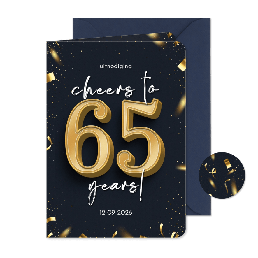 Stijlvolle uitnodiging confetti goud cheers to 65 years  - Kaartimpressie