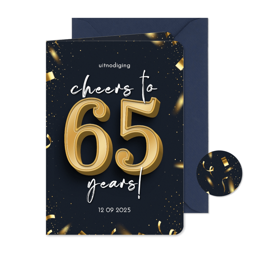 Stijlvolle uitnodiging confetti goud cheers to 65 years - Kaartimpressie