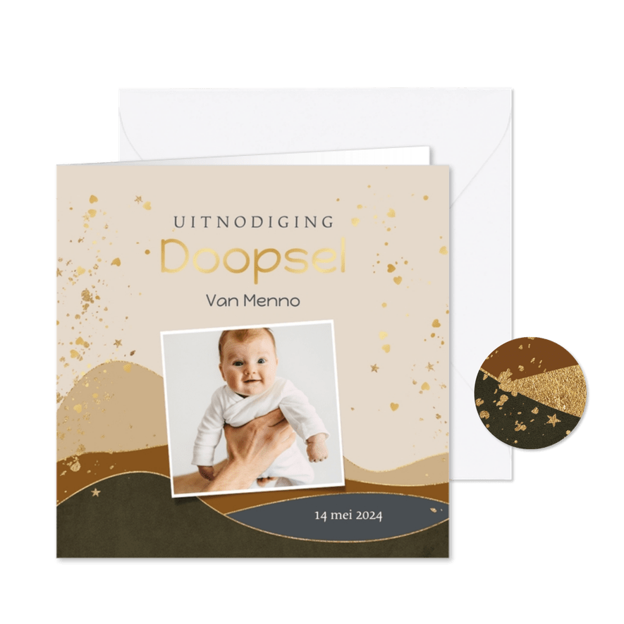 Stijlvolle uitnodiging doopsel landschap foto hartjes goud - Kaartimpressie