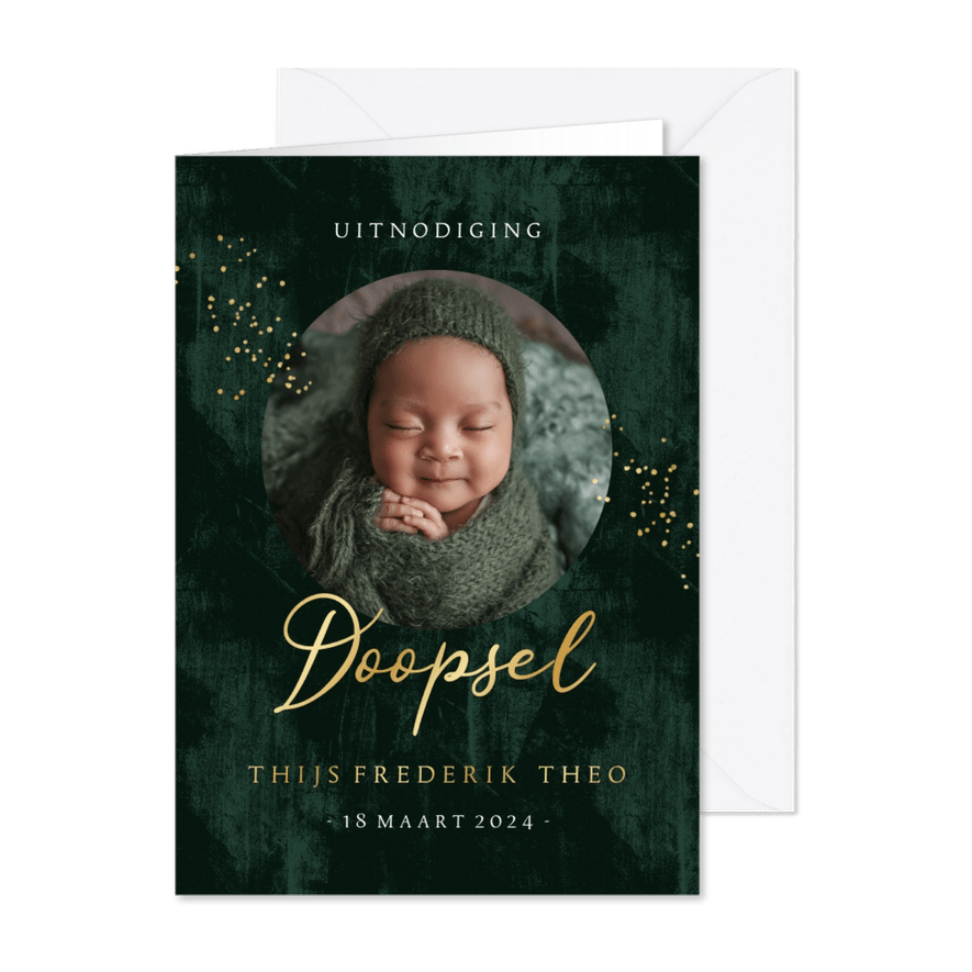 Stijlvolle uitnodiging doopsel spetters goudfolie foto - Kaartimpressie