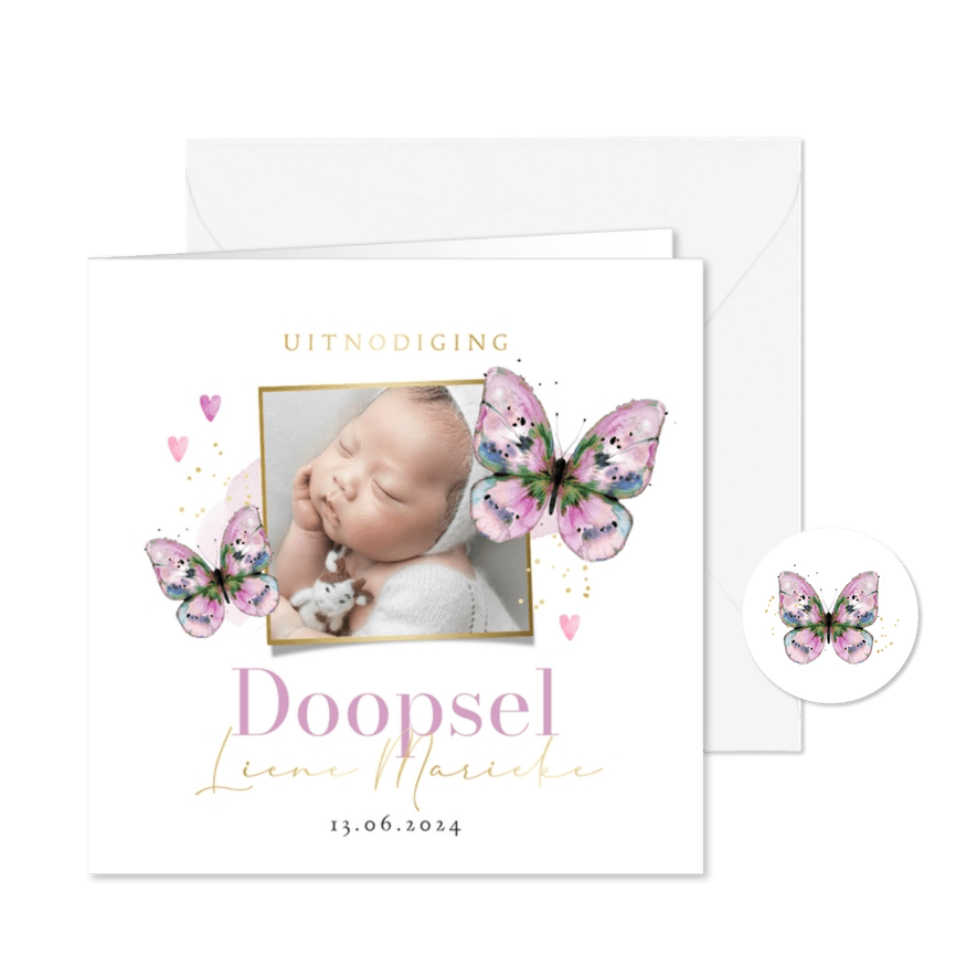 Stijlvolle uitnodiging doopsel watercolor vlinder goud foto - Kaartimpressie