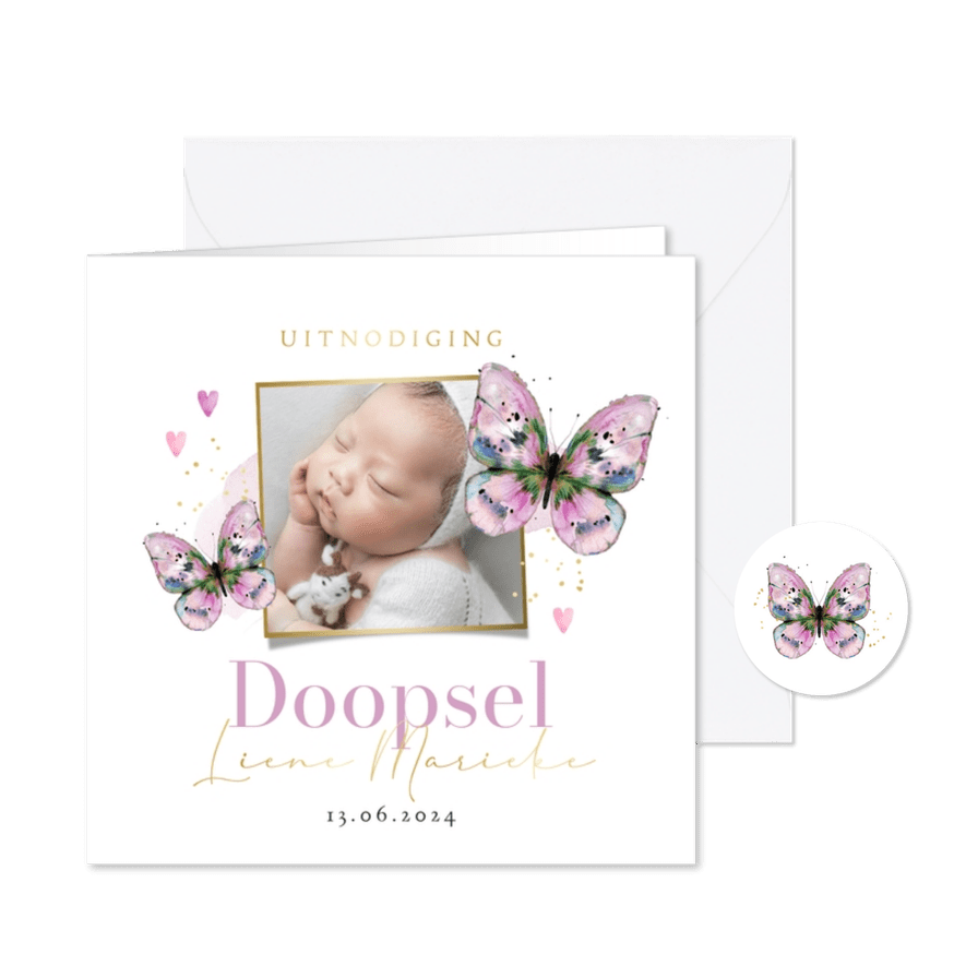 Stijlvolle uitnodiging doopsel watercolor vlinder goud foto - Kaartimpressie