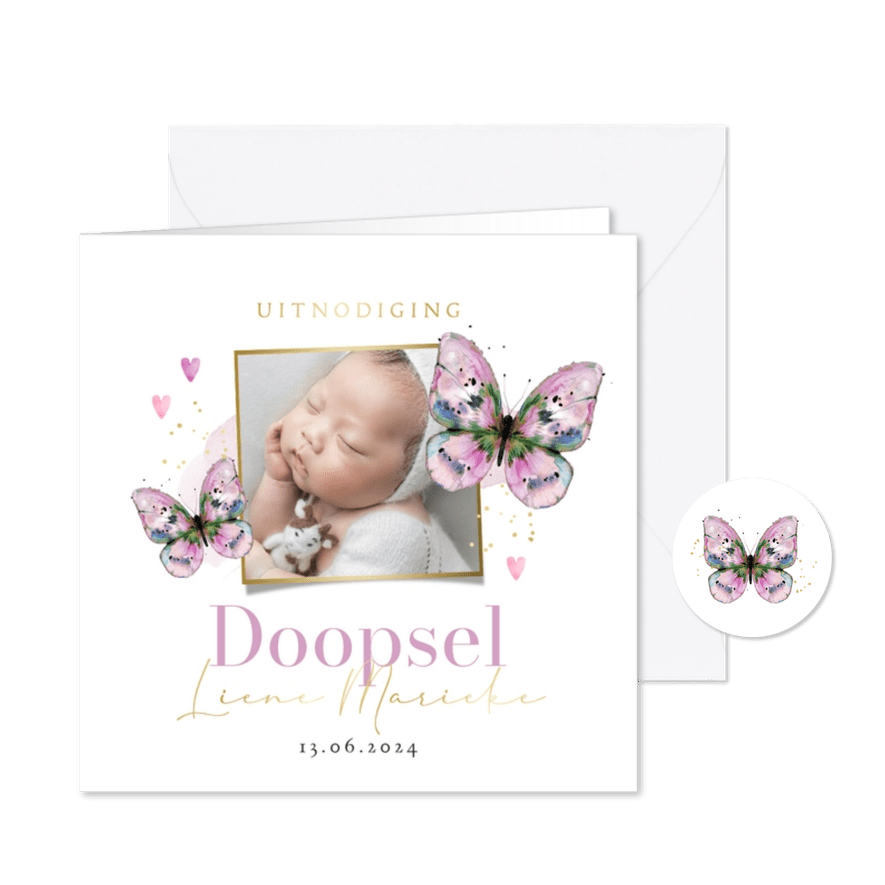 Stijlvolle uitnodiging doopsel watercolor vlinder goud foto - Kaartimpressie