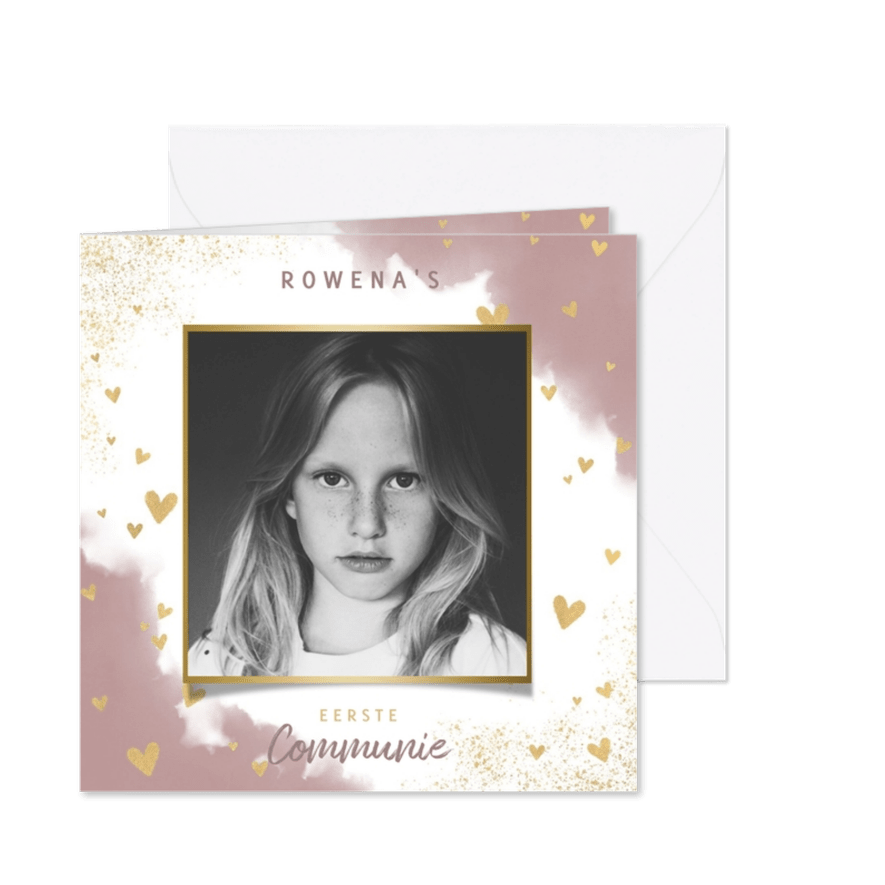 Stijlvolle uitnodiging eerste communie waterverf en hartjes - Kaartimpressie