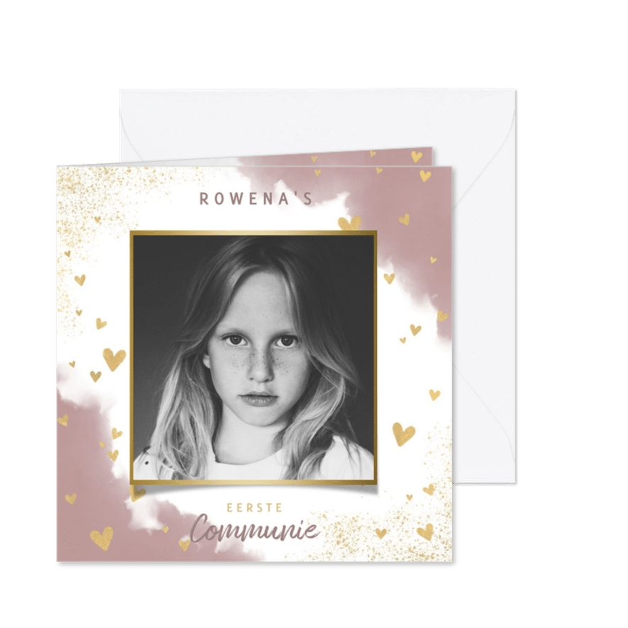 Stijlvolle uitnodiging eerste communie waterverf en hartjes - Kaartimpressie