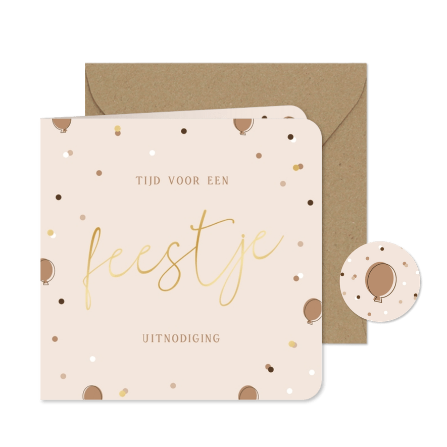 Stijlvolle uitnodiging feestje ballonnetjes beige confetti  - Kaartimpressie