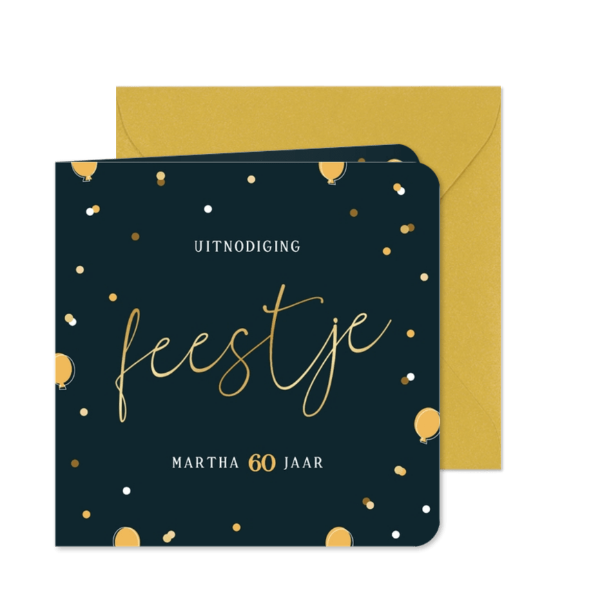 Stijlvolle uitnodiging feestje blauw confetti ballonnetjes - Kaartimpressie