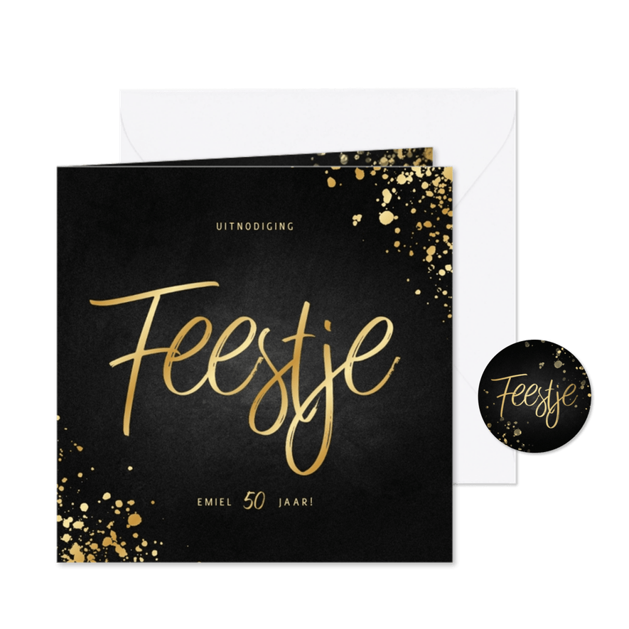 Stijlvolle uitnodiging feestje goud met spetters krijtbord - Kaartimpressie