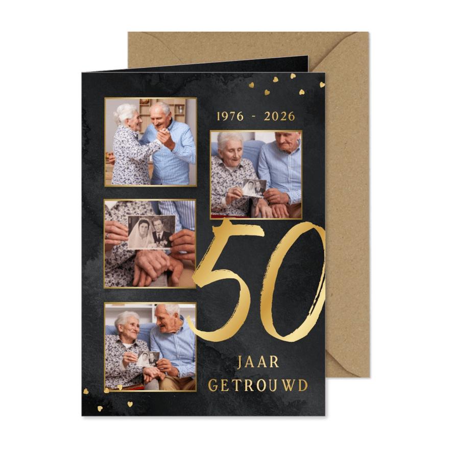 Stijlvolle uitnodiging fotocollage jubileum 50 jaar getrouwd - Kaartimpressie