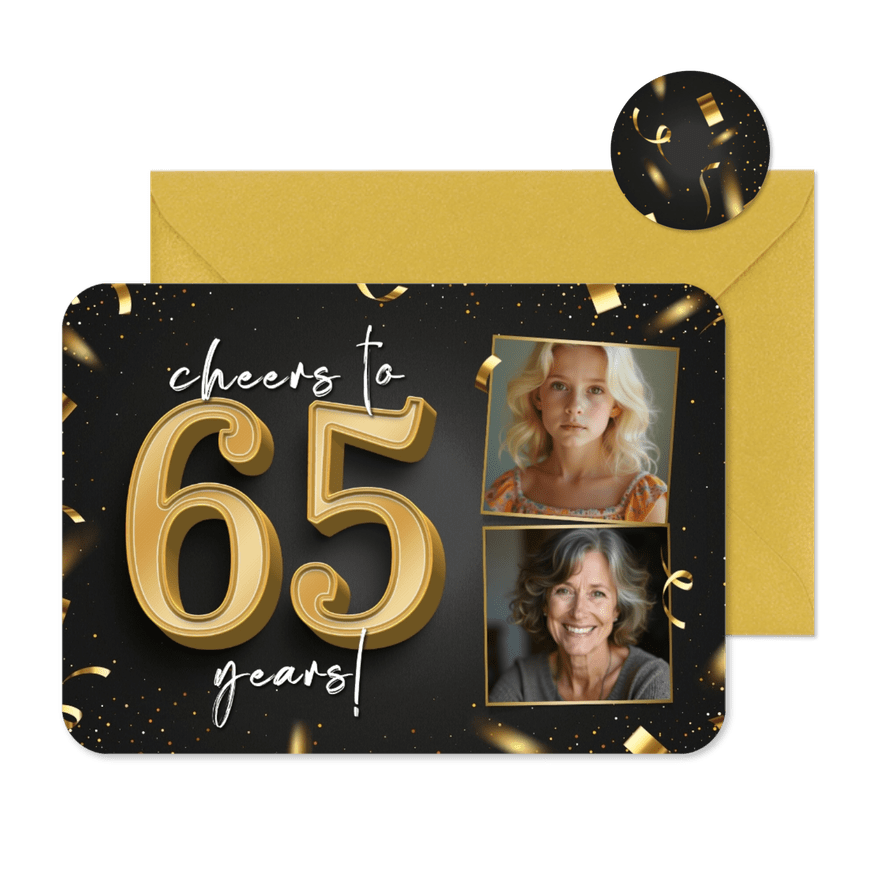 Stijlvolle uitnodiging goud cheers to 65 years met foto's - Kaartimpressie