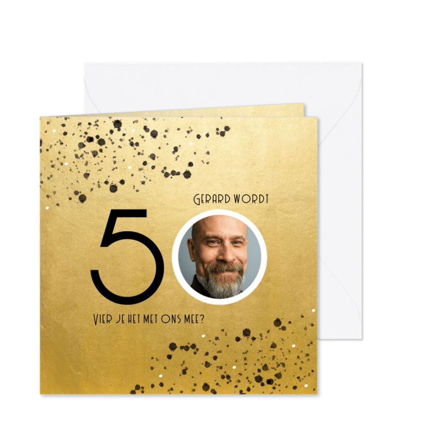 Stijlvolle uitnodiging goud spetters 50 met foto - Kaartimpressie
