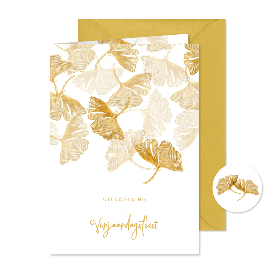 Stijlvolle uitnodiging gouden ginkgoblad op wit - Kaartimpressie