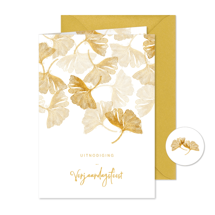 Stijlvolle uitnodiging gouden ginkgoblad op wit - Kaartimpressie