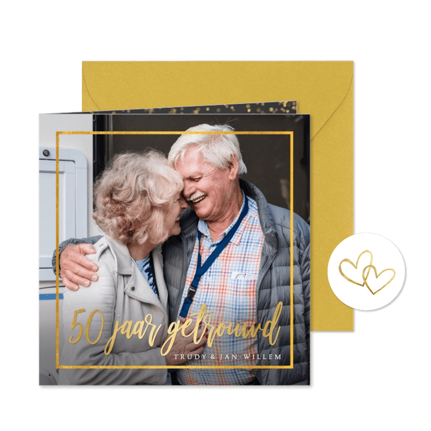 Stijlvolle uitnodiging gouden huwelijk met eigen foto - Kaartimpressie