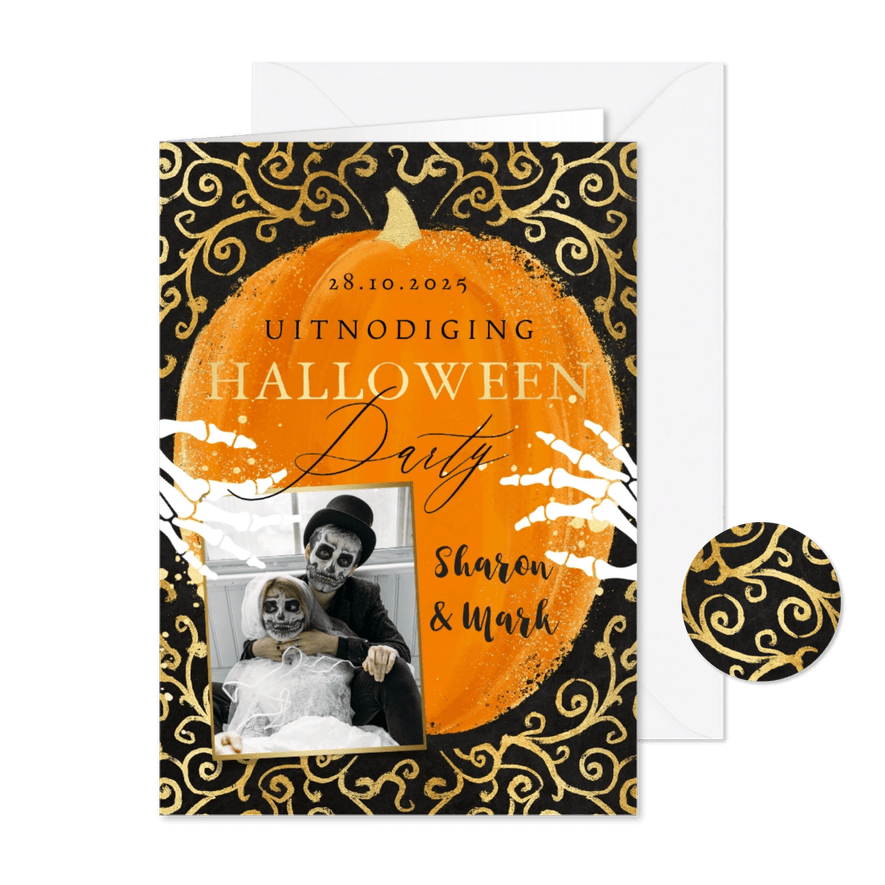 Stijlvolle uitnodiging halloweenfeest pompoen skelet goud - Kaartimpressie