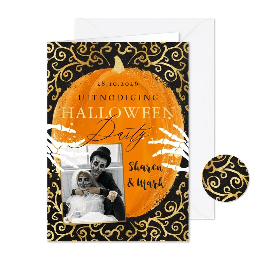 Stijlvolle uitnodiging halloweenfeest pompoen skelet goud - Kaartimpressie