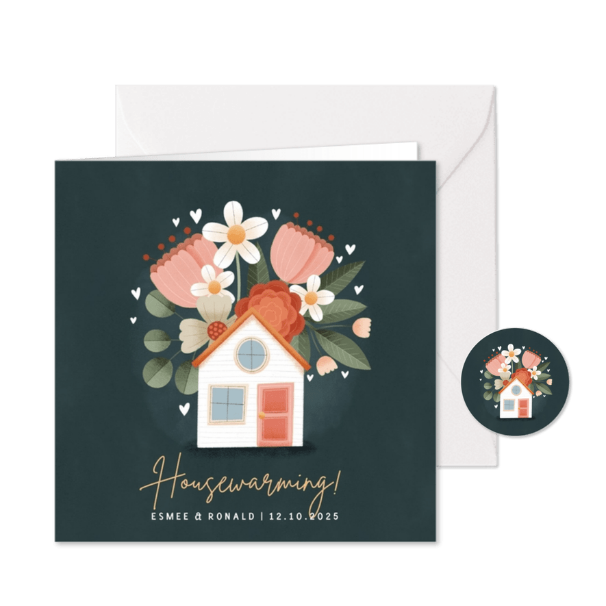 Stijlvolle uitnodiging housewarming met huisje en bloemen - Kaartimpressie