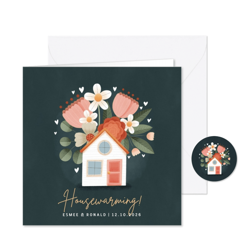 Stijlvolle uitnodiging housewarming met huisje en bloemen - Kaartimpressie