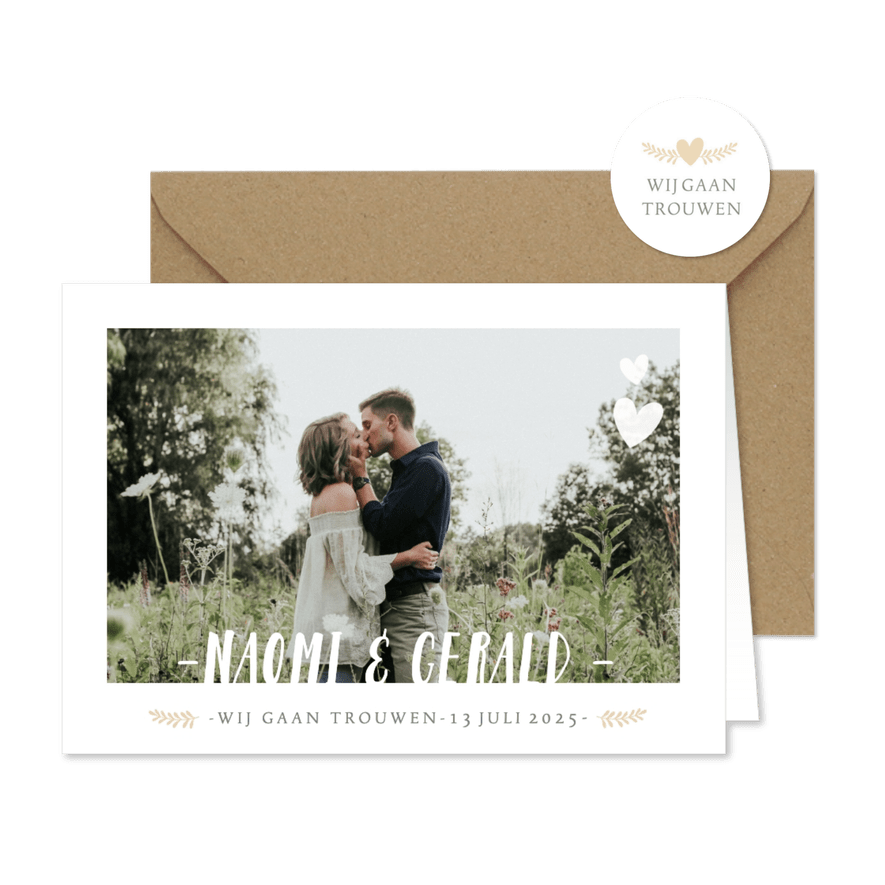 Stijlvolle uitnodiging huwelijk met grote foto en namen - Kaartimpressie